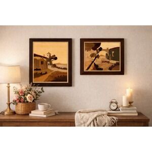 Pair‎ of Vintage Sorrento Italy Landscapes Marquetry Wood Wall Art Deco Plaques